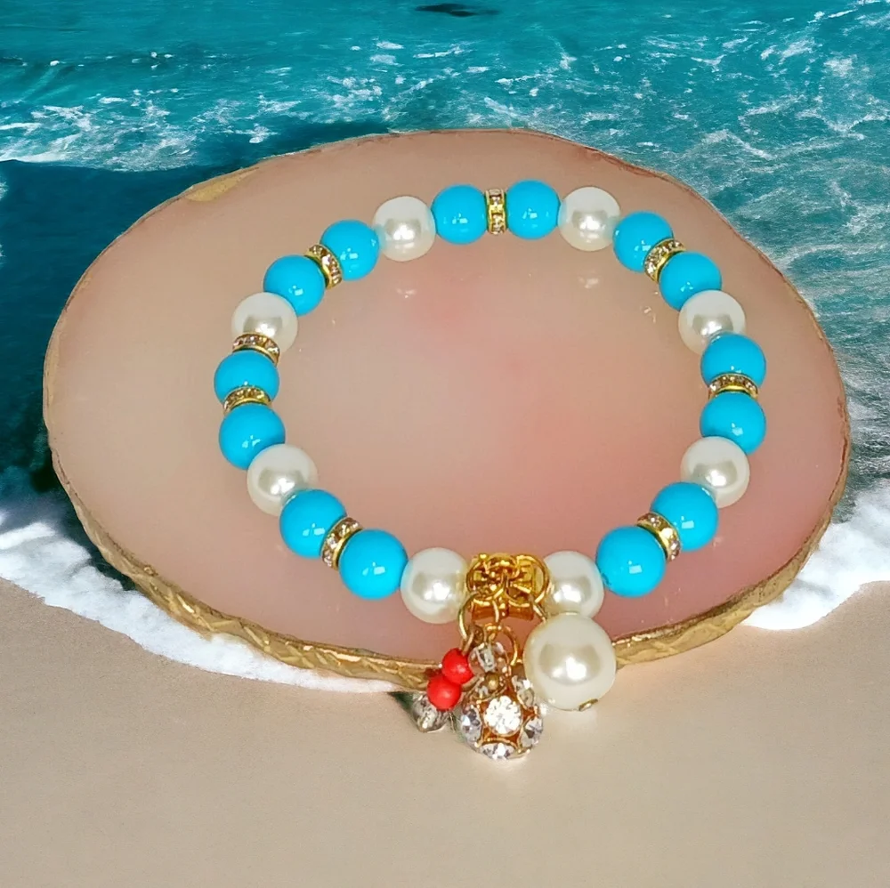 Pearl Turquoise & Coral Y2K Charm Bracelet Mermaidcore Oceancore Beachy Seaside